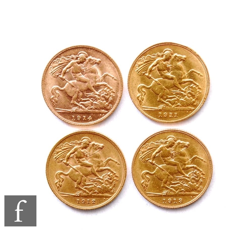 213 - George V - Four half sovereigns, 1911, 1912, 1913 and 1914, St George & Dragon. (4)