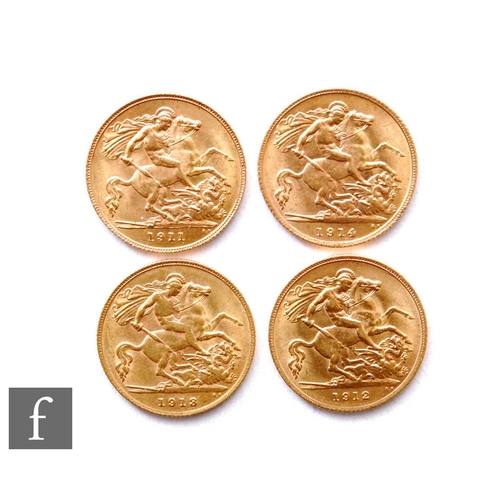 214 - George V - Four half sovereigns, 1911, 1912, 1913 and 1914, St George & Dragon. (4)