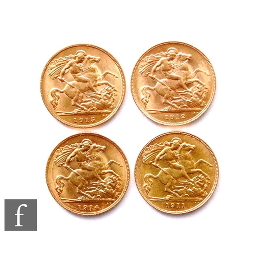 215 - George V - Four half sovereigns, 1911, 1912, 1914 and 1915, St George & Dragon. (4)