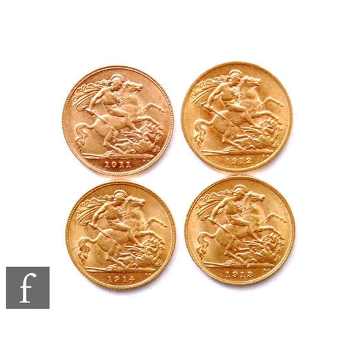 216 - George V - Four half sovereigns, 1911, 1912, 1913 and 1914, St George & Dragon. (4)