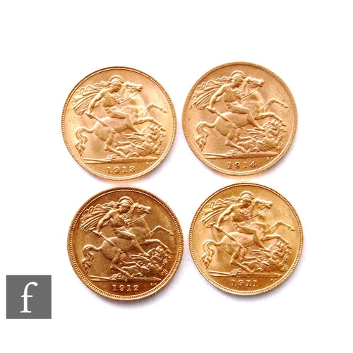 218 - George V - Four half sovereigns, 1911, 1912, 1913 and 1914, St George & Dragon. (4)