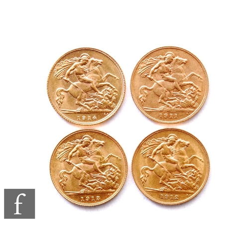 219 - George V - Four half sovereigns, 1911, 1912, 1913 and 1914, St George & Dragon. (4)