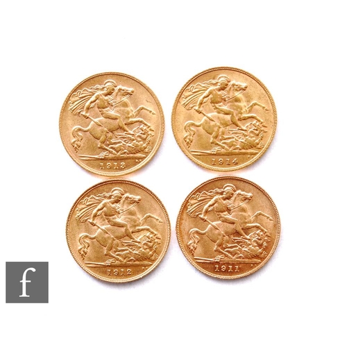 220 - George V - Four half sovereigns, 1911, 1912, 1913 and 1914, St George & Dragon. (4)