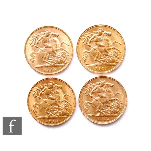 221 - George V - Four half sovereigns, 1911, 1912, 1913 and 1914, St George & Dragon. (4)