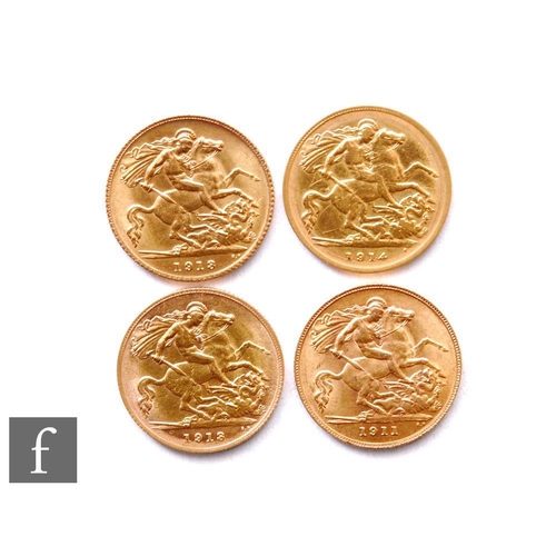 222 - George V - Four half sovereigns, 1911, 1912, 1913 and 1914, St George & Dragon. (4)