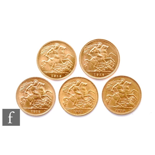 223 - George V - Five half sovereigns, 1911, 1912, 1913, 1915 and 1916, St George & Dragon. (5)