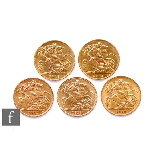 224 - George V - Five half sovereigns, 1912 x 3 and 1913 x 2, St George & Dragon. (5)