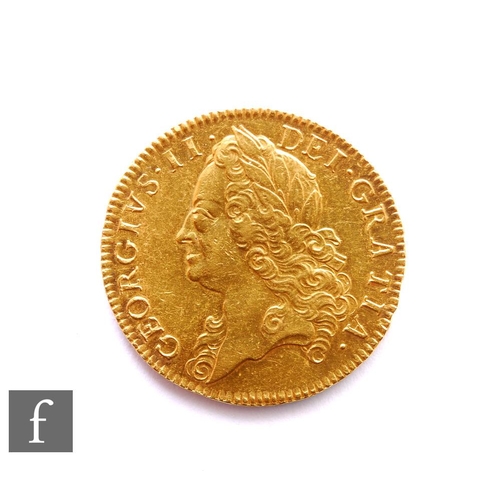 George II (1727-1760) - A five-Guineas, 1753, old laureate head facing left, reverse with crowned garnished shield, raised lettering edge reads VICESTIMO.SEXTO etc, 42.1g, S3666.