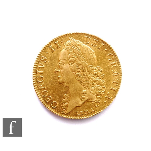 George II (1727-1760) - A five-Guineas, 1746, old laureate head facing left, Lima below, reverse with crowned garnished shield, raised lettering edge reads DECIMO.NONO etc, 42g, S3665.