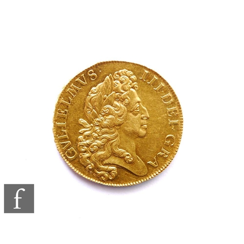 William III (1694-1702) - A five-Guineas, 1701, second laureate bust facing right, 'Fine-Work', the reverse with crowned shields and sceptres at angles, raised lettering to edge, +DECVS.ET.TVTAMEN.ANNO,REGINI.DECIMO.TERTIO+, 41.8g, S3546.