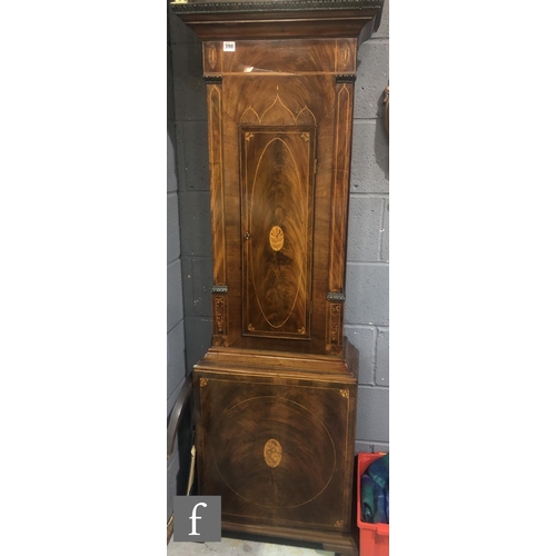 398 - A George III line inlaid mahogany longcase clock with eight-day movement striking on a bell, with a ... 