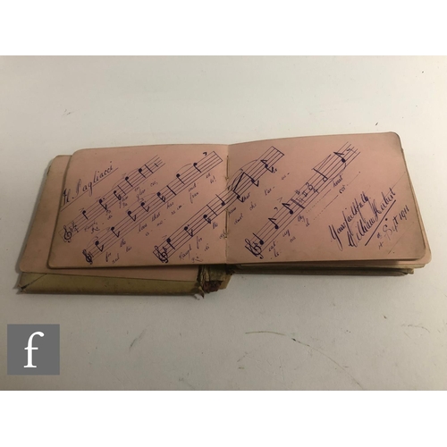 357 - An Edwardian autograph album containing sketches, rhymes, limericks, some comical and some of milita... 