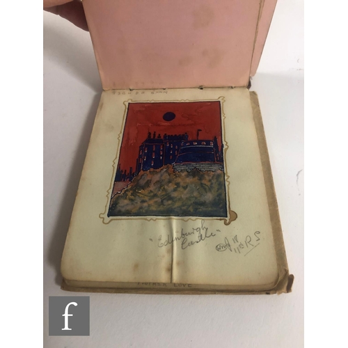 357 - An Edwardian autograph album containing sketches, rhymes, limericks, some comical and some of milita... 