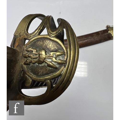 284 - A pair of officer's sabres, pierced baskets, wire grip handles, 74cm blades, and a similar sword wit... 