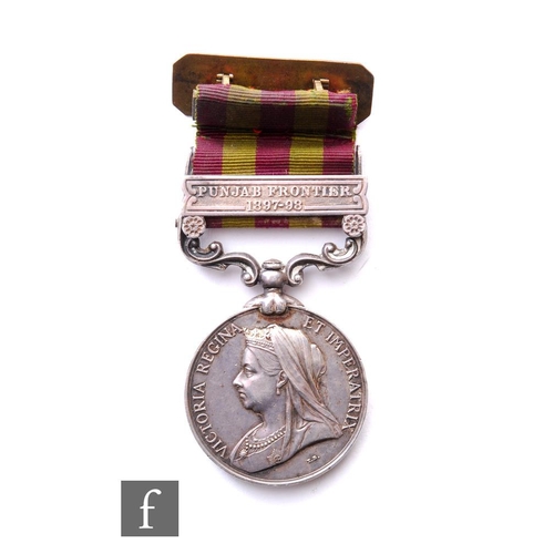 An India Medal with Punjab Frontier 1897-98 bar, to 4182 Pte W. Gould 1st bat Somerset Light Infantry.