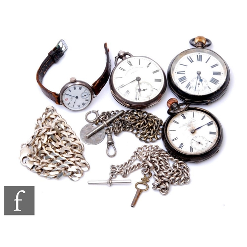 181 - Three hallmarked silver open faced pocket watches to include key and crown wind examples, a silver w... 