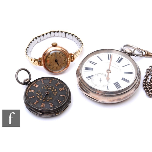 182 - A lady's 9ct hallmarked wrist watch to a metal bracelet with two silver hallmarked pocket watches, v... 