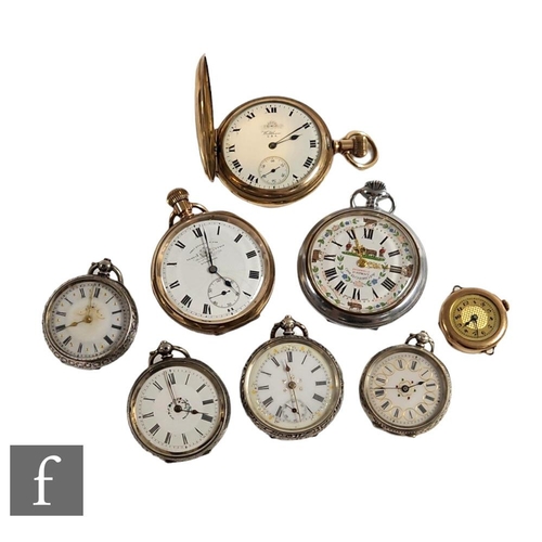 220 - Two gold plated pocket watches, a gold plated wrist watch, four continental silver and white metal f... 