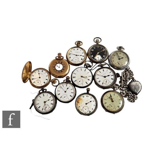 228 - Five hallmarked silver open faced pocket watches with three plated examples, a continental fob watch... 