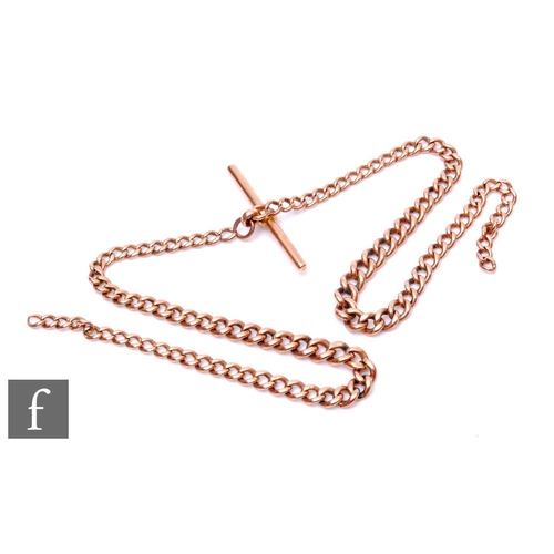 252 - A 9ct rose gold graduated double Albert chain with T bar, weight 22g, length 40cm, weight 22g, lacki... 