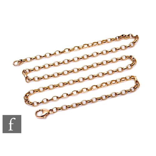 259 - A 9ct hallmarked oval belcher chain, weight 9.5g, length 47cm, terminating in lobster clasp.