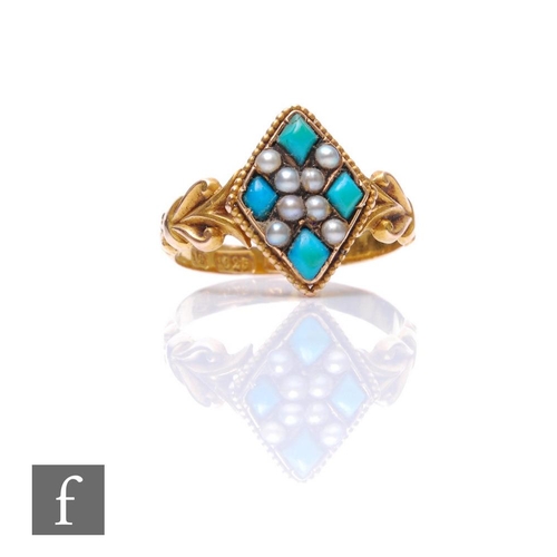 270 - A 15ct hallmarked turquoise and seed pearl marquise shaped cluster ring with knot detail to shoulder... 