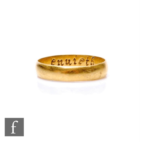 276 - A post medieval gold posy D shaped finger ring, internally engraved 'Love envieth no', weight 1.3g, ... 