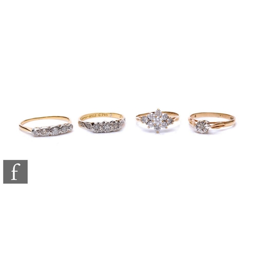 313 - Two mid 20th Century 18ct illusion set diamond rings, total weight 4.5g, a five and a three stone ex... 