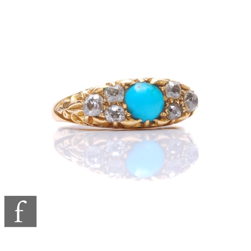 329 - An early 20th Century 18ct turquoise and diamond boat shaped ring, central turquoise flanked by thre... 