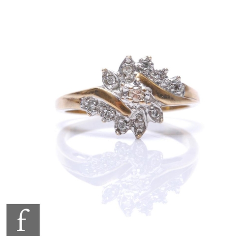 502 - A 9ct diamond ring, pave set stones to a slight twist, weight 3.5g, ring size O.