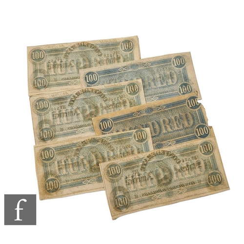 566 - Six American Confederate one hundred dollar bills, Richmond February 17th 1864, Nos 50886, 51549, 51... 