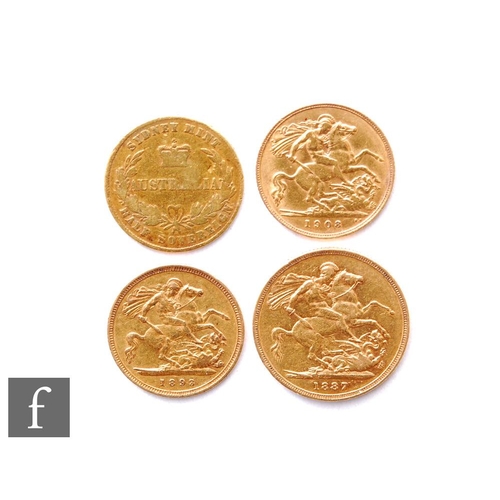 622 - A Victoria 1887 Australia sovereign (MM), an Australian 1860 half sovereign and two half sovereigns ... 