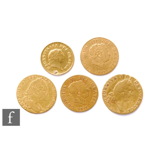 623 - Four George III half sovereigns, 1777, 1787, and 1817 x 2 and one third of a Guinea, 1809, 19g, prev... 