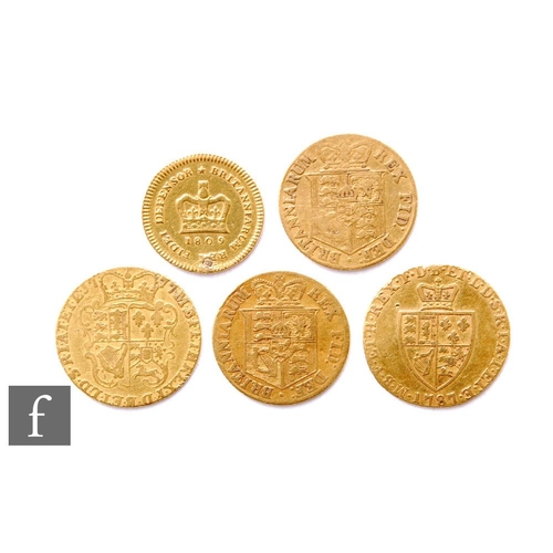 623 - Four George III half sovereigns, 1777, 1787, and 1817 x 2 and one third of a Guinea, 1809, 19g, prev... 