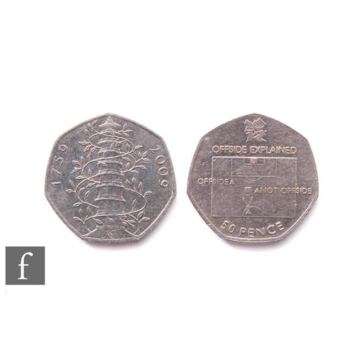 649 - An Elizabeth II 2009 Kew Gardens fifty pence and a 2011 Offside Explained fifty pence. (2)