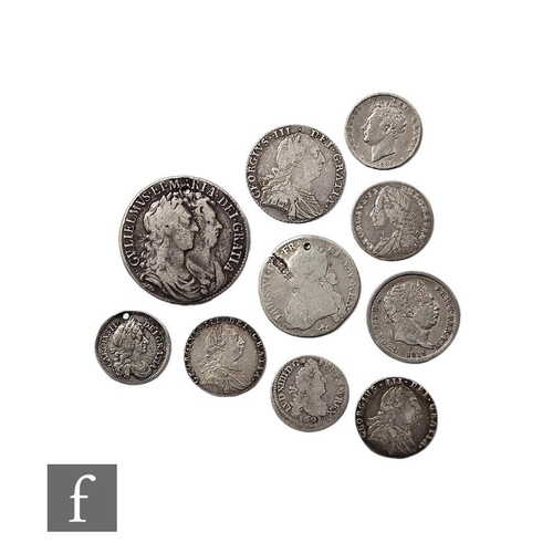 697 - Various Charles II to George III coinage to include a 1676 four pence, a 1689 half crown, both holed... 