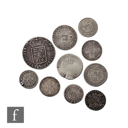 697 - Various Charles II to George III coinage to include a 1676 four pence, a 1689 half crown, both holed... 