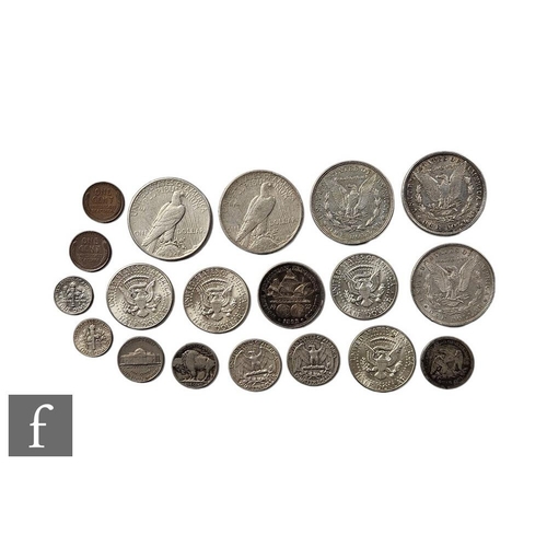 708 - Three United States of America silver Morgan dollars 1879, 1891 and 1921, two Liberty dollars both 1... 