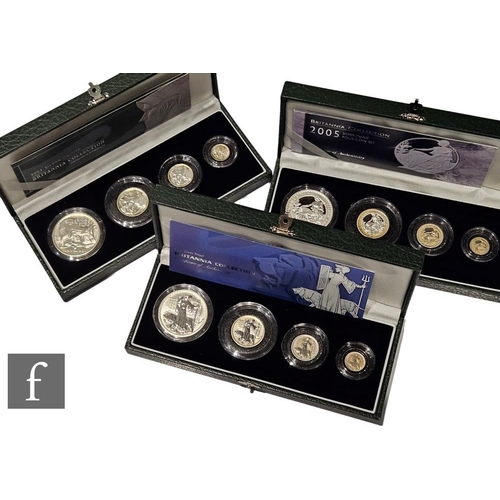 732 - Three Elizabeth II Britannia silver proof four coin sets, 2001, 2003 and 2005, cased with certificat... 