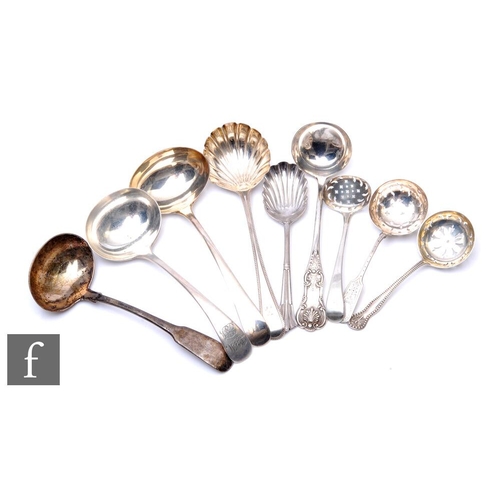 80 - A parcel lot of assorted hallmarked silver sauce ladles and castor spoons, total weight 11.5oz, vari... 