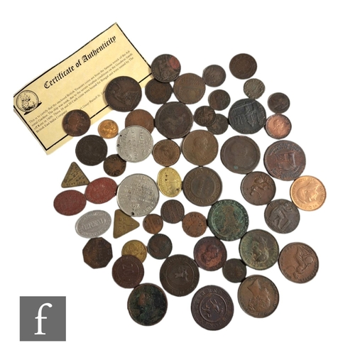 827 - A collection of 18th and 19th Century copper tokens and hop tokens, also George III half pennies inc... 