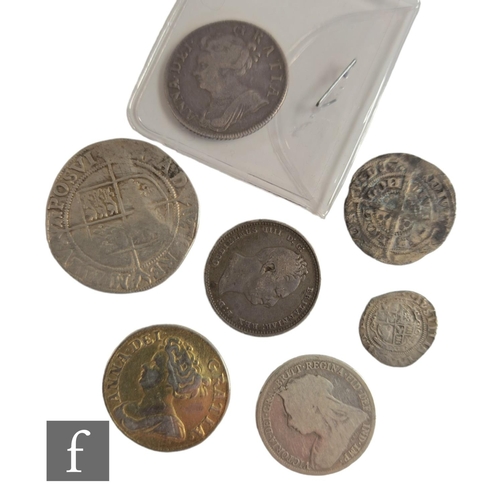 834 - Various Edward I to George IV hammered coinage to include a sixpence, half groat and two Anne shilli... 