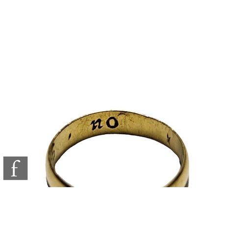 276 - A post medieval gold posy D shaped finger ring, internally engraved 'Love envieth no', weight 1.3g, ... 