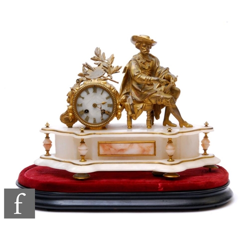 294 - A late 19th Century French gilt mantle clock modelled as an artist wearing a brimmed hat and with ea... 