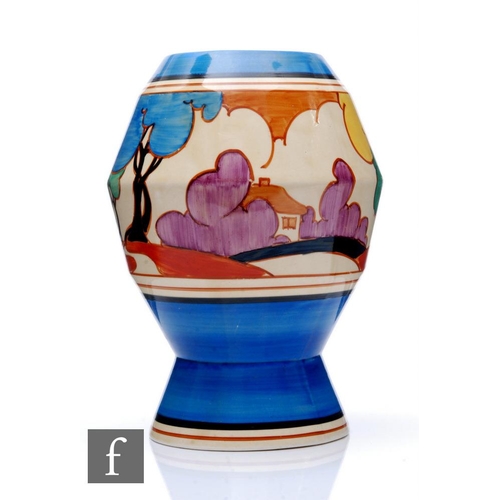 137 - A Clarice Cliff Blue Autumn shape 365 vase circa 1930, hand painted with a stylised tree and cottage... 