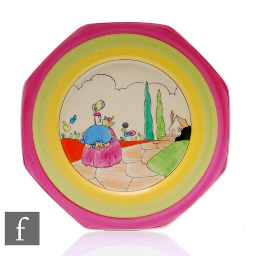 139 - A Clarice Cliff Applique Crinoline Lady octagonal cake plate circa 1933, hand painted with a scene o... 