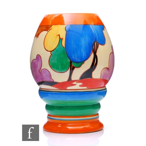 147 - A Clarice Cliff Blue Autumn shape 362 vase circa 1931, hand painted with a stylised tree and cottage... 