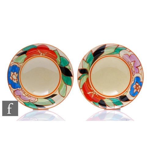 152 - A pair of Clarice Cliff Red Gardenia dessert or grapefruit bowls circa 1932, hand painted to the rim... 