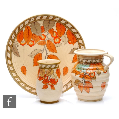 181 - Three pieces of 1930s Charlotte Rhead for Crown Ducal, each decorated in the Golden Leaves pattern c... 