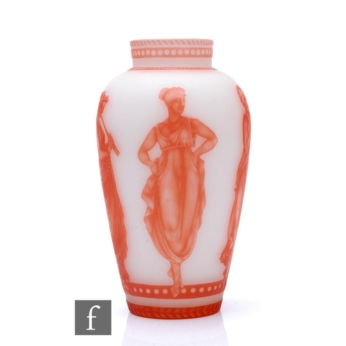 830 - A late 19th Century cameo glass vase of ovoid form with collar neck, cased in deep amber over opal a... 